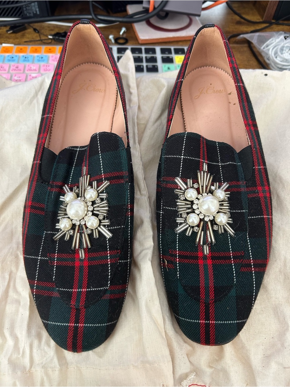 J. Crew Women's Plaid Embellished Loafers in Black/Red/Green